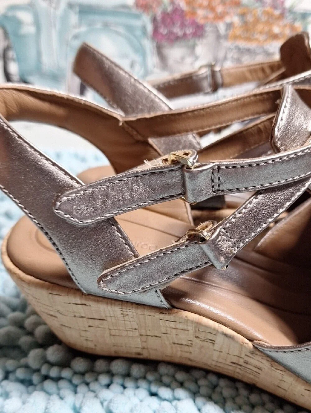 Clarks Metallic Silver Cork Wedge Sandals